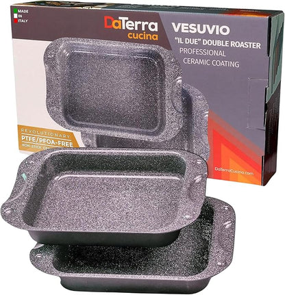 DaTerra Cucina - 13 x 8 x 4.25 Nonstick Ceramic Coated Dual Roasting Pan Set – 2 Identical Pans, Oven Safe, Ideal for Roasting, Baking, Searing, Braising, Casseroles, Fits Most Toaster Ovens