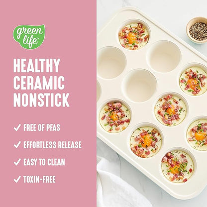 GreenLife 12-Cup Muffin Pan, Healthy Ceramic Nonstick Bakeware, PFOA & PFAS-Free Cupcake Sheet, Durable, Versatile Kitchen Essentials, Easy Clean Muffin Mold, Pink