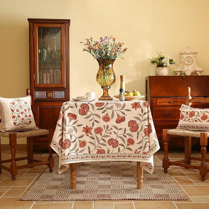 ISAENNE Designer French Small Rectangle Tablecloth,Linen Orange Floral Pattern Indoor Table Cloth,Wrinkle Resistant Decor Table Cloth for Dining Thanksgiving Kitchen Party,55"*71"-Alvarado D