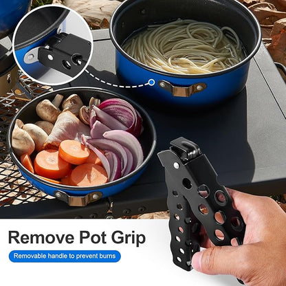Odoland 5pcs Camping Cookware Non-Stick Camping Pot and Pan Set with Kettle and Removable Handle for Hiking Backpacking and Picnic