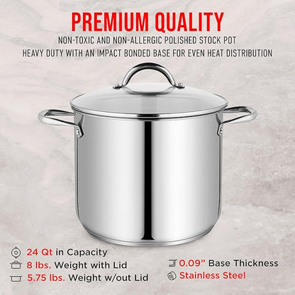 Stainless Steel Stockpot with Tempered Glass Lid 24 Quart, Durable 18/0 Stainless Steel, Impact-Bonded Base for Even Heating, Riveted Handles, Oven & All Stove Compatible, Safe Up To 500°F (260°C)