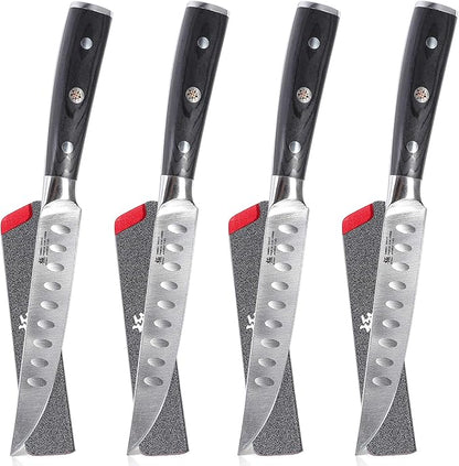 KYOKU Samurai Series - 5" Steak Knives Set of 4 with Sheath & Case - Full Tang - Japanese High Carbon Steel - Pakkawood Handle with Mosaic Pin (Japanese Steak Knife Set)