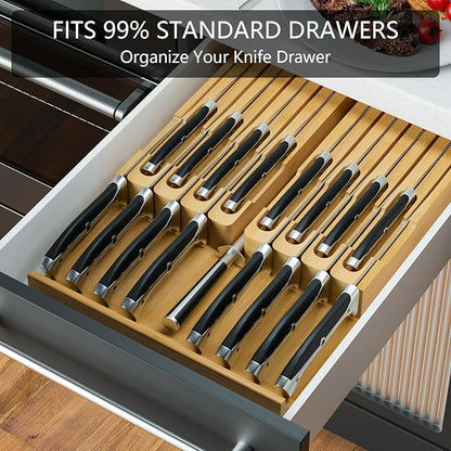 Domax Bamboo In-drawer Knife Block - Knife Drawer Organizer Insert Large Handle Steak Knife Holder, Kitchen Drawer Knife Organizer Fits for 16 knives and 1 Sharpening Steel (Not Included), Natural
