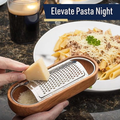Cheese Grater with Container - Stainless Steel Cheese Grater with Cherrywood Serving Bowl - Fine Shredder Kitchen for Hard Cheese, Spices, and Zesting - Italian Kitchen Gadgets by Kings County Tools