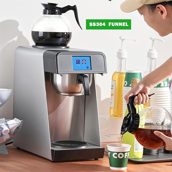 12-Cup Commercial Drip Coffee Maker 1.8L Auto Filling Pour Over Coffee Machine with 2 Glass Carafes, 2 Warmers, LCD Panel, Automatic Stainless Steel Coffee Brewer for Cofe Bar and Restaurant
