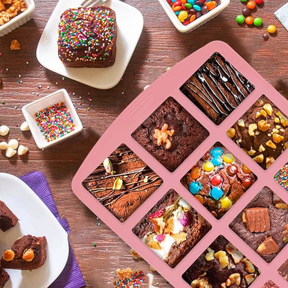 Brownie Pan,2Pcs Nonstick Silicone Bite Size Brownie Pan with Dividers,12 Cavity All Edges Brownie Pan,Non Stick Cake Baking Mold