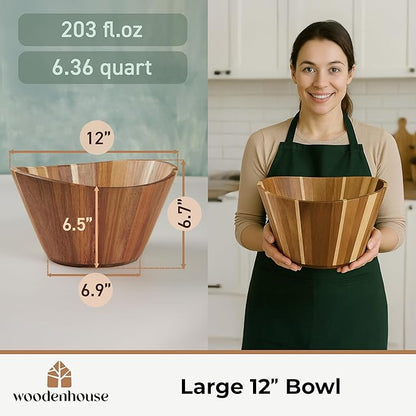 Woodenhouse Wooden Salad Bowl, Wooden Bowl, Fruit Bowl - 12" Wavy Large Salad Bowl for Serving, Handmade, Durable and Stylish Natural Wood Dining Accessory