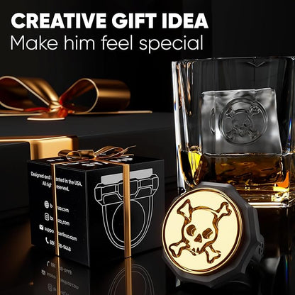 Berlinzo Ice Stamp Ring for Cube & Sphere - Custom Ice Cubes for Whiskey, Mojito Cocktails – Skull shaped Brass Ice Stamp Skull/ 3mm Depth - Black