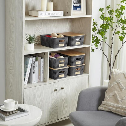 Small Plastic Storage Bins with Bamboo Lids 5.2qt Stackable Box Basket Pantry Decorative Containers Cute with Lable for Organizing Desktop Closet Office Gray of 6 packs 10 * 7.2 * 4.1'’