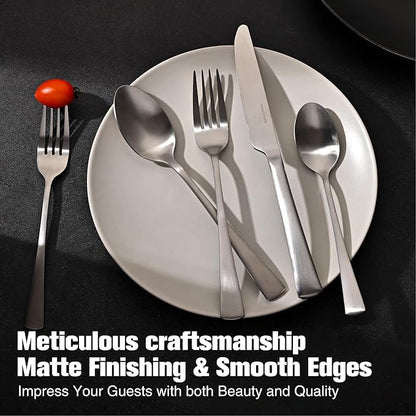 KINGSTONE Silverware Set for 8, 40-Piece 18/10 Stainless Steel Flatware Set,Forged Cutlery Set Matte Satin Finish, Dishwasher Safe