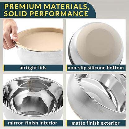 Baker's Signature Stainless Steel Mixing Bowls with Lids Set, 5 Sizes, 3 Graters, Non-Slip Base, Airtight Lids, Metal Mixing Bowls for Kitchen, Food Prep, Storage, 0.63QT-5QT, Khaki