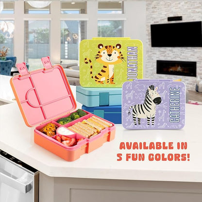 Personalized Bento Box for Kids with Safari Icon and Name - Salmon - 5 Compartments Drop-Proof Bento Box, Dishwasher Safe, Made with BPA-Free Materials, Bento Lunch Box for Kids and Toddlers
