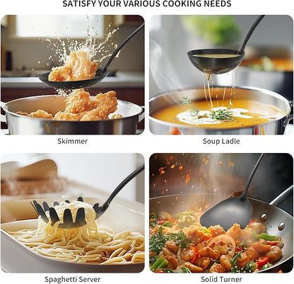 304 Stainless Steel Kitchen Cooking Utensils Set - 9 PCS Serving Utensils, Include Skimmer, Soup Ladle, Spaghetti Server, Wok Spatula, Slotted & Solid Spoon, Slotted Spatula Turner, Meat Fork (Black）