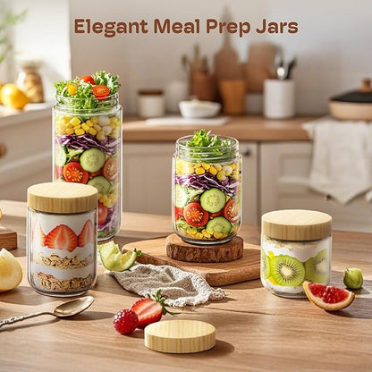 6 Pack 10oz Overnight Oats Containers with Bamboo Lids, Glass Jars with Airtight Lids for Meal Prep, Wide Mouth Mason Salad Jars, Glass Food Storage Container for Yogurt Chia Snacks Spice Sugar