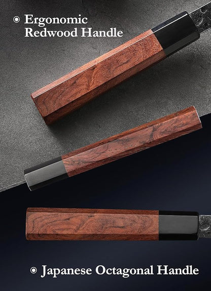 HEZHEN Kiritsuke Knife,9.5 Inches,3 Layers High Carbon Clad Steel Japanese Knife, Professionl Professional Japanese Kitchen Knife, Redwood Octagonal Handle