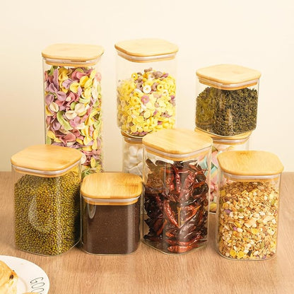 5 Set Glass Jars with Bamboo Lids, Square Food Storage Containers, Glass Pantry Storage Containers with Lids for Pasta, Cereal, Flour, Sugar