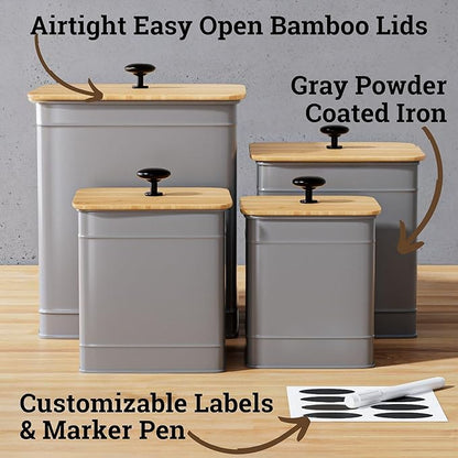 Kitchen Canisters for Countertop Set of 4 with Customizable Chalkboard Labels & Marker Pen - Big Iron Kitchen Canisters with Airtight Lids - Gray Canister Set - Flour and Sugar Containers Farmhouse