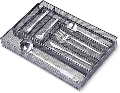 WuGeShop Expandable Mesh Silverware Drawer Organizer, Adjustable Metal Kitchen Cutlery Tray, Flatware Utensil Organizer with Non-slip Rubber Feet (Black, 7 Compartments)