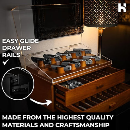 Premium Pocket Knife Display Case for 50 Knives - Extra Large Wooden Knife Organizer, Storage & Holder with Unique Pillars, 2 Drawers - Knife Collection Box - Handcrafted for Men