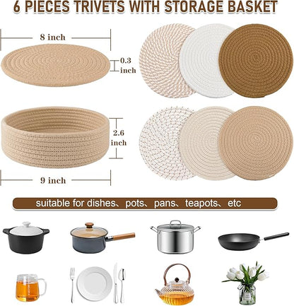 8" Trivets for Hot Dishes, Hot pots and Pans,6 Heat Resistant Hot Pads and Storage Basket 1 Pack,Pot Holders for Kitchen, Hot Plate Mats for Kitchen Countertops