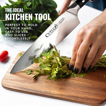 Cutluxe Chef Knife – 8" Kitchen Knife, German High Carbon Steel, Full Tang, Ergonomic Handle Design, Sheath Included – Artisan Series