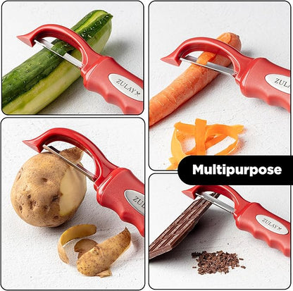 Zulay Kitchen Premium Vegetable Peeler for Kitchen - Swivel Peeler with Razor Sharp Stainless Steel Blades & Strong Ergonomic Handle - Dishwasher Safe, Easy To Use with Blemish Remover - Red
