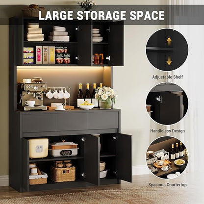 Garvee Kitchen Pantry Storage Cabinet, Tall Storage Cabinet with Doors and Shelves, Kitchen Storage Hutch with Microwave Stand, Led Lights and Charging Station, Corner Pantry Cabinet, Black
