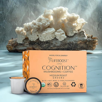 Lifeboost Cognition Mushroom Coffee Pods – Organic Low Acid K-Cups with Lion’s Mane & Chaga Adaptogens – Nootropic Coffee for Energy, Focus & Immune Support – 10 Count