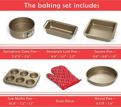 Moss & Stone 5 Piece Baking Pans Set, Carbon Steel Non-Stick PTFE Coating Oven Safe Baking Sheet Set, Bakeware Set With Heat Red Glove, Cookie Sheets For Baking Nonstick Set