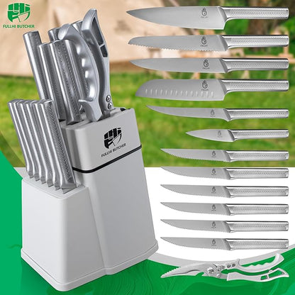 FULLHI 14pcs Knife Block Set, Dishwasher Safe Kitchen Knife Set with Built-in Sharpener, Stainless Steel Chef Knives Set with Knife Holder Kitchen Scissors