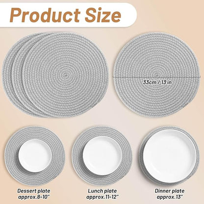 Billbotk Round Woven Placemats Set of 4, 13 Inches Table Place Mats for Dining Table, Hot Pads for Kitchen, Trivets for Hot Dishes, Pots and Pans,Tabletop Accessories(LightGray) ﻿