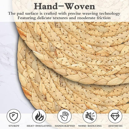 Boho Trivets for Hot Dishes, Pots and Pans, Farmhouse Water Hyacinth Hot Pads 8 Inch, Straw Pot Holders for Kitchen, Rustic Braided Heat Resistant Mat, Jute Coasters Set Wicker Decor (Natural 6 Pcs)