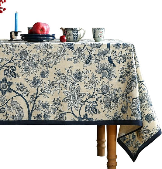 ISAENNE Designer French Linen Long Rectangle Tablecloth,Blue Floral Washable Indoor Table Cloth,Durable Home Decor Tablecloths for Dining Thanksgiving Kitchen Party Christmas,63"*94"-Ruyi B
