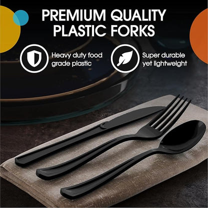 Party Solids Black Plastic Silverware Heavy Duty 300 Pieces Black Plastic Cutlery Sets, Utensil Sets, 100 Of Each Forks, Knives & Spoons Disposable Cutlery Set, Flatware Set For Party Supplies