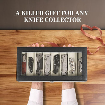 AUTOARK 3-Tier PU Leather & Velvet Knife Organizer with 26 Slots,Transparent Glass Top & Drawer,Compact Storage for Pocket Knives,Ideal for Men's Collections & Gifts,Black,MKAW016