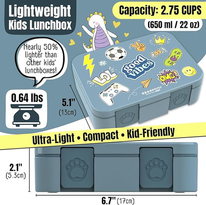 BEARFOOT Kids Lunch Box with Compartments – Compact & Lightweight | Leak-Proof, BPA-Free, Dishwasher & Microwave Safe | Hand-Drawn Design for Preschool, School, Travel (Sticker Blue, 2.75 Cups)