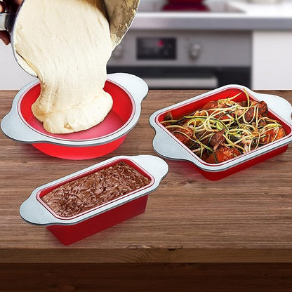 Boxiki Kitchen Silicone Baking Pans Set. 3 PCS Professional Non-Stick Baking Cake Pans Set includes Silicone Round Cake Pan, Square Cake Pan and Bread Loaf Pan.