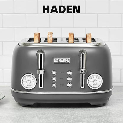 Haden Chelsea 4 Slice Wide Slot Toaster with Adjustable Browning Control, Grey & Chrome