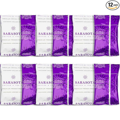 Sarasota Coffee Ground Packets | Gourmet Dark French Roast Ground Coffee Packs | Cubano European | Low Acid Mold Free Singles Individual Pouches for 12 Cup Coffee Maker | 2 Ounce Bags, 12 Count