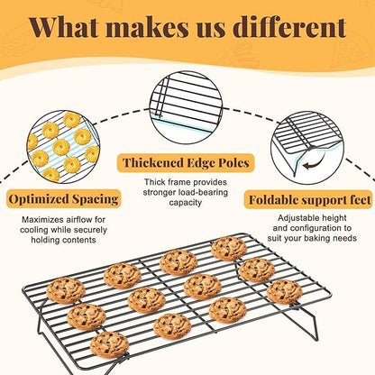 Cooling Racks for Cooking and Baking - 3 Tier Stackable Grid Wire Baking Rack for Oven Cooking, Baking, Grilling, Roasting - Dishwasher Safe Bacon Rack - Black