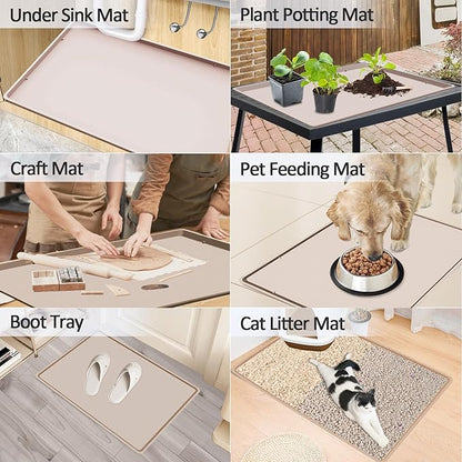 Silicone Coffee Maker Mat with Lip, 19.7'' x 15'' Heavy Duty Coffee Maker Mat for Countertops, Coffee Tray Fit Under Coffee Machine Appliance Automatic Machines Espresso Accessory, Khaki