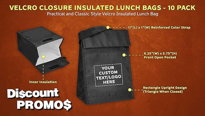 DISCOUNT PROMOS 10 Hook and Loop Insulated Lunch Bags Set - Customizable Text, Logo - Polyester, Durable, Vibrant, Reusable - Black