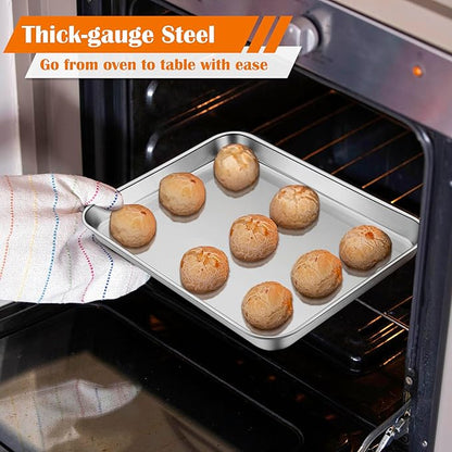 E-far Small Baking Sheet Set of 4, 10.5”x8.3” Stainless Steel Cookie Sheets Pans, Compact Non-toxic Metal Toaster Oven Trays for Cake, Healthy & Rust Free, Mirror Finish & Dishwasher Safe