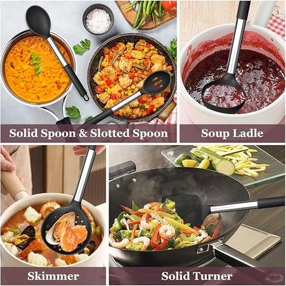 TeamFar Kitchen Utensils Set of 8, Silicone Utensils Kitchen Tools Set with Stainless Steel Handle, for Frying Serving Flipping Draining, Non-toxic & Heatproof, Nonstick & Dishwasher Safe - Black