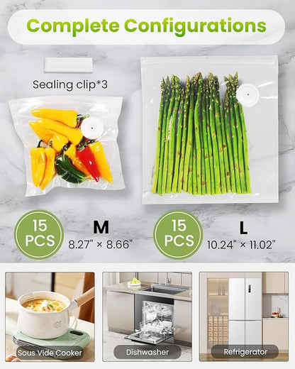 FEPPO Vacuum Sealer for Food with Visible Water Tank, Handheld Saver Compact Vacuum Sealer Machine with 30 Reusable Bags for 6X Preservation & Fresh, White