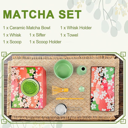 Matcha Set–7-Piece Set Including Matcha Bowl with Spout, Whisk, Chasen Holder, Sifter, Bamboo Scoop,Scoop Stand,wood spoon(Daisy Green)–Perfect for Matcha Lovers&Tea Ceremonies