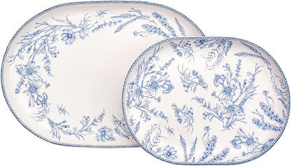 Bico Blue Garden Toile De Jouy 16 plus 12 inch Oval Platters Set, Set of 2, Microwave and Dishwasher Safe, for Serving Fish, Chicken, Turkey