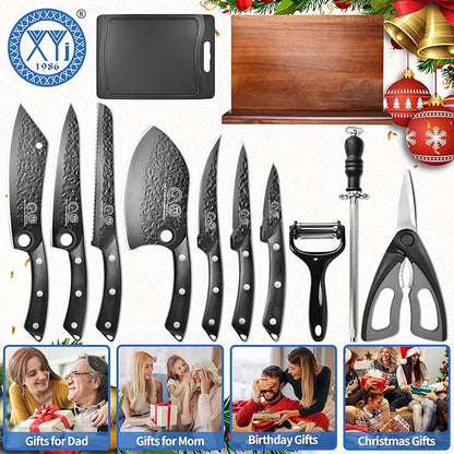 XYJ Kitchen Knife Set with Magnetic Knife Block,Cutting Board,Scissors,Honing Steel,Professional Knife Block Set,High Carbon Steel Blade,Meat Cleaver,Full Tang,Wood Handle