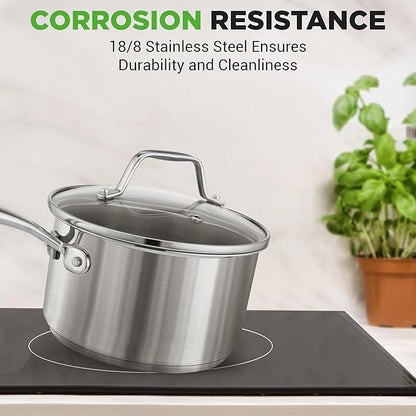 NutriChef 2 Quart Stainless Steel Pot with Lid - Heavy Duty Saucepan with Ergonomic Handles, For All Cooktops