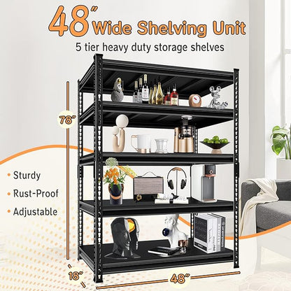 Adjustable Shelving Units and Storage, 48”W Garage Shelving Heavy Duty,2500LBS Loads 5-Tier Garage Storage Shelves, Metal Shelves for Living Room,Pantry,48”W×18”D×78”W,Black